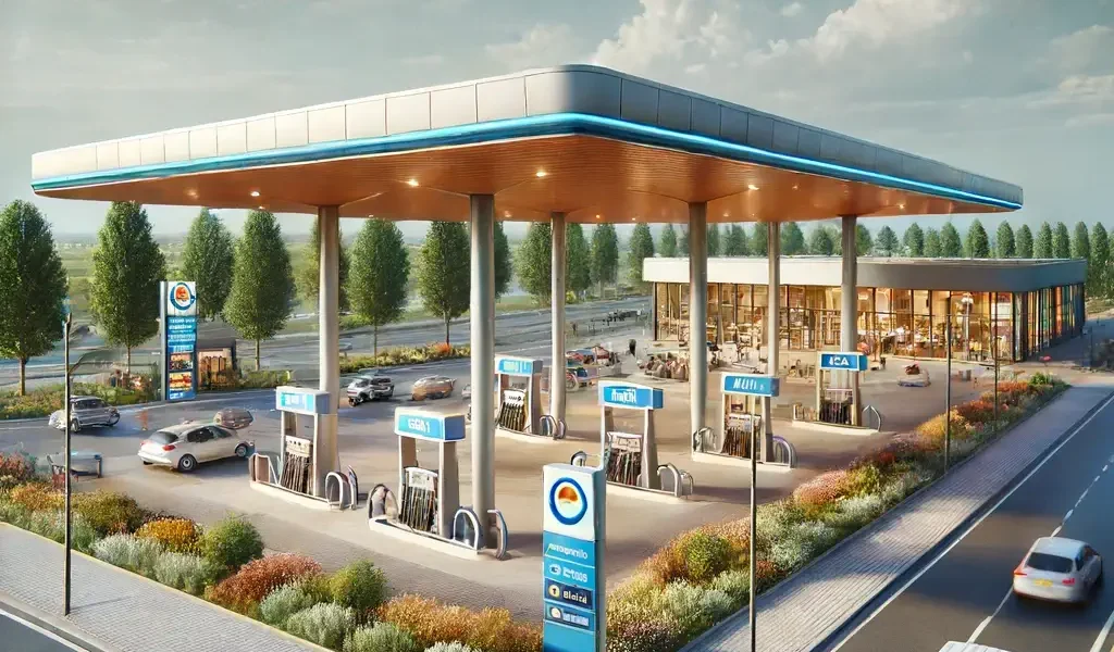 DALL·E 2024 06 17 15.18.13 Een modern tankstation met meerdere benzinepompen onder een overkapping. Het station heeft een heldere verlichting een klein winkeltje aan de zijkant 1