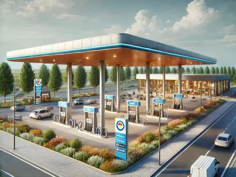 DALL·E 2024 06 17 15.18.13 Een modern tankstation met meerdere benzinepompen onder een overkapping. Het station heeft een heldere verlichting een klein winkeltje aan de zijkant 1