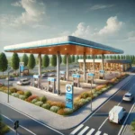 DALL·E 2024 06 17 15.18.13 Een modern tankstation met meerdere benzinepompen onder een overkapping. Het station heeft een heldere verlichting een klein winkeltje aan de zijkant 1